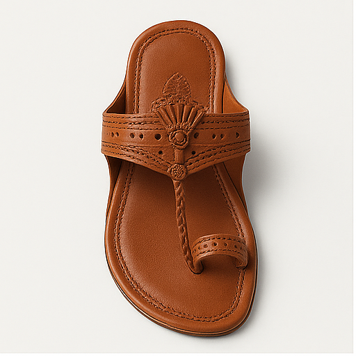 Brown sandal with decorative strap on a light gray background