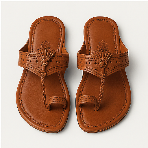 Pair of brown sandals with decorative straps on a light gray background